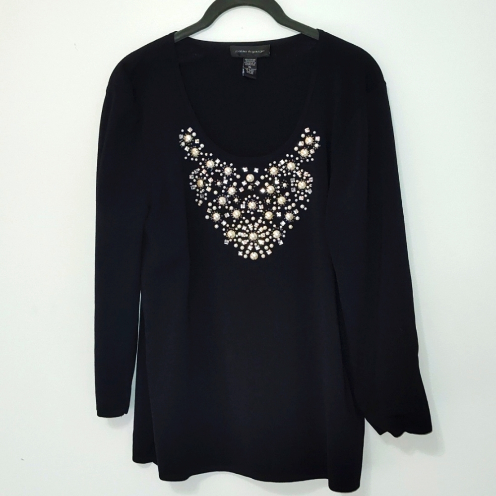 Cable & Gauge Sweater Size XL Black Beaded Embellished 3/4 Sleeve Knit Elegant